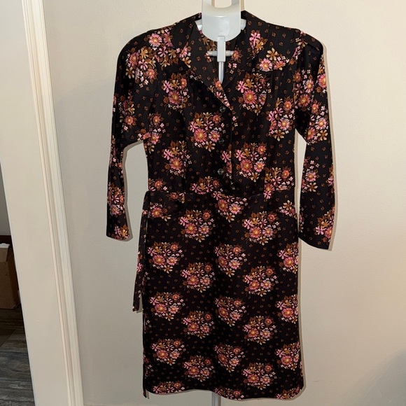Vintage Dresses & Skirts - Vintage 60’s-70’s Floral Long Sleeve Dress - Black and Pink